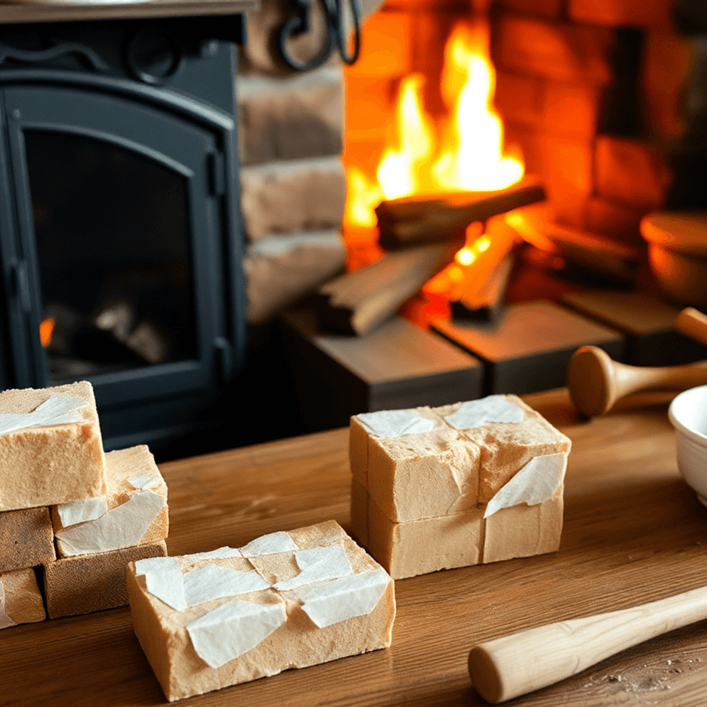 Hjemmelavede tændblokke på et træbord ved siden af en lysende pejs, med værktøjer til gør-det-selv-projekter som handsker, hammer og blandeskåle i ...
