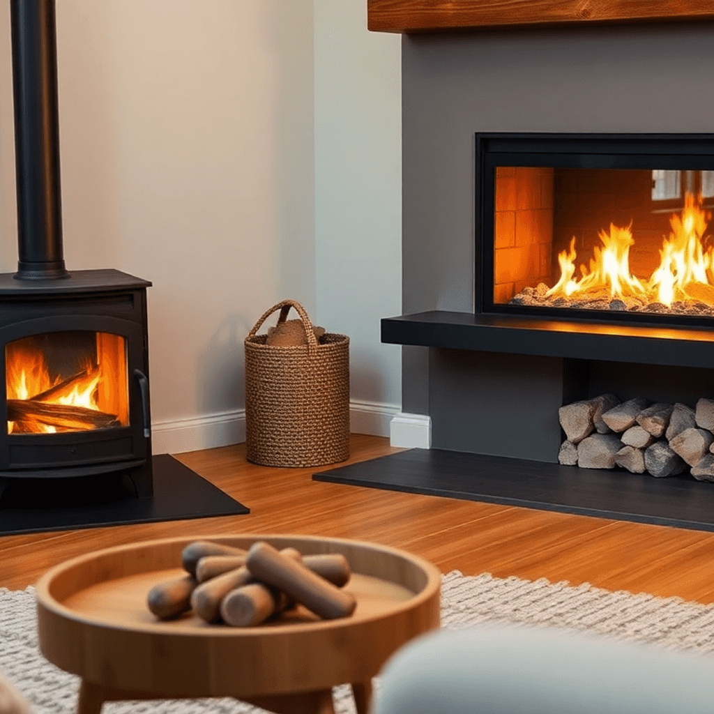 Hyggelig stue med en moderne brændeovn og en slank bioethanolpejs, der begge stråler varmt i en sikker, indbydende, hygge-inspireret atmosfære.