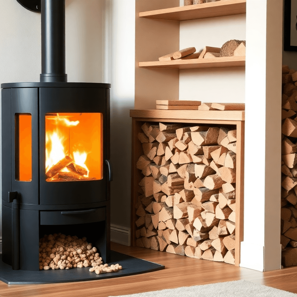 Hyggeligt hjem med moderne pilleovn, stablede træbriketter, varme naturlige nuancer og blød belysning i fotografisk stil.