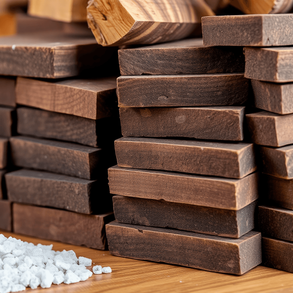 Nærbillede af pænt stablede briketter af træ med en lille bunke hvid aske på en træoverflade, der fremhæver brændstof til ren forbrænding og kvalit...