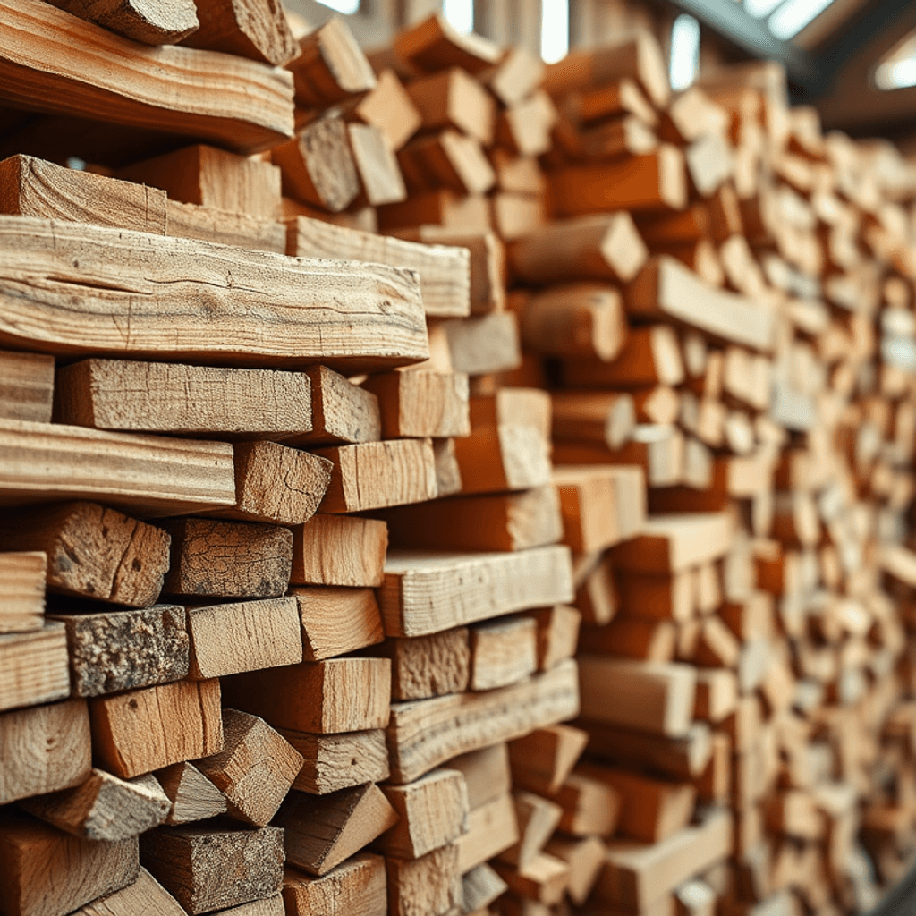 Nærbillede af pænt stablede briketter i rustik opbevaring med blødt, naturligt lys, der fremhæver deres komprimerede tekstur og varme, miljøvenlige...