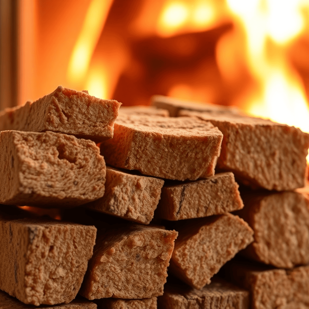 Nærbillede af pænt stablede briketter med synlig tekstur, sat mod en varm, glødende pejsbaggrund, der formidler hyggelig opvarmning af hjemmet.