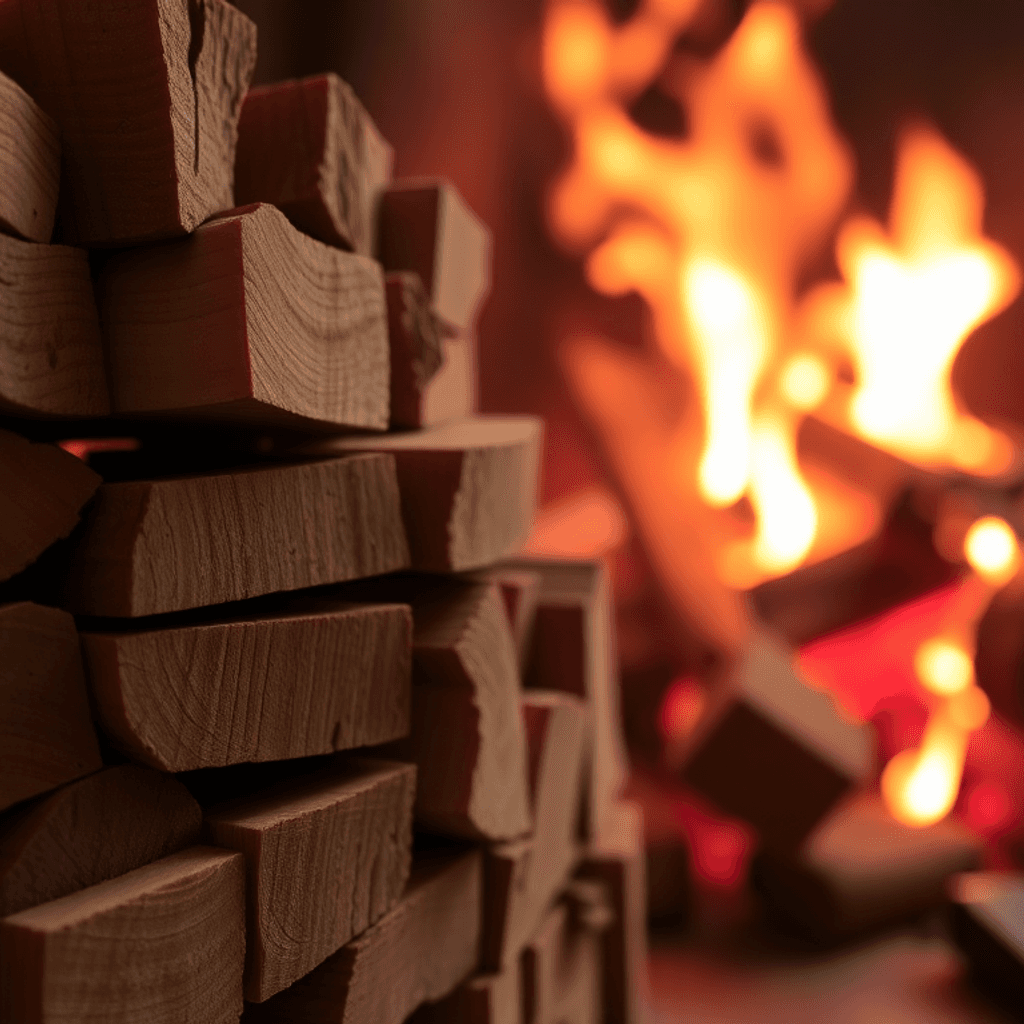 Nærbillede af pænt stablede hårde træbriketter med synlig åretegning og glødende gløder i baggrunden, der fremhæver varme og effektiv forbrænding.