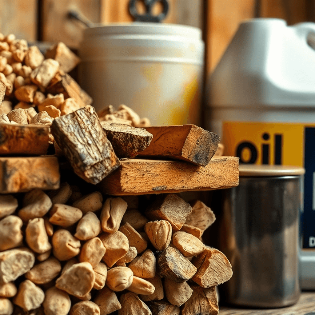 Nærbillede af træpiller og brænde stablet ved siden af olie- og dieselbeholdere med vanddråber i en hyggelig indendørs opvarmningsindstilling.