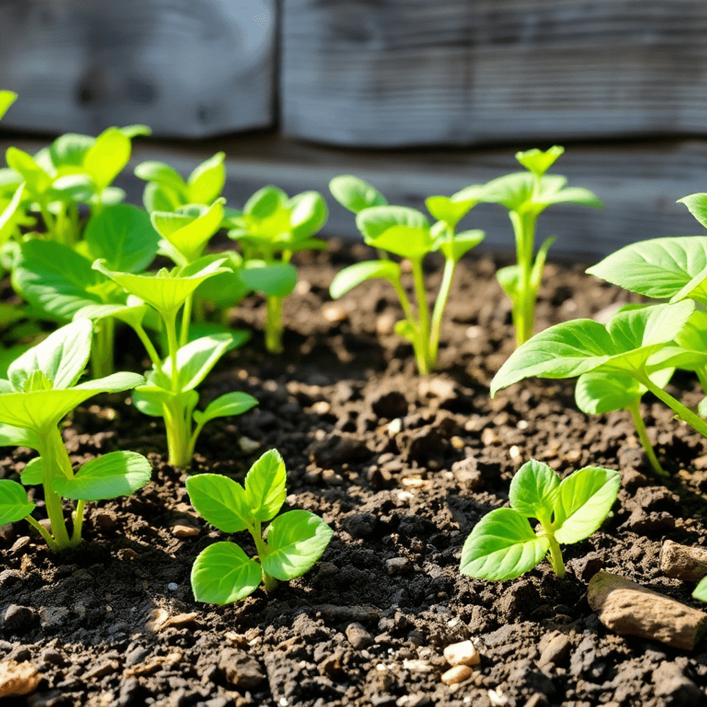 Vibrant have med grønne planter, jord drysset med træaske, rustik træbaggrund og blødt sollys der fremhæver naturlig vækst.